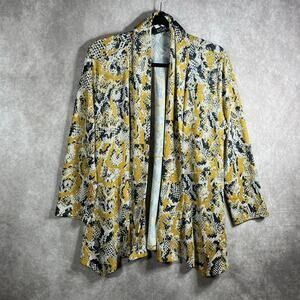 Kasper Cardigan Sweater Womens Medium Yellow Snakeskin Print Metallic Open Artsy